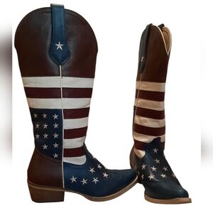 Hisea Cowboy Boots Womans 8 Red White Blue American Flag USA Outdoor Patriotic
